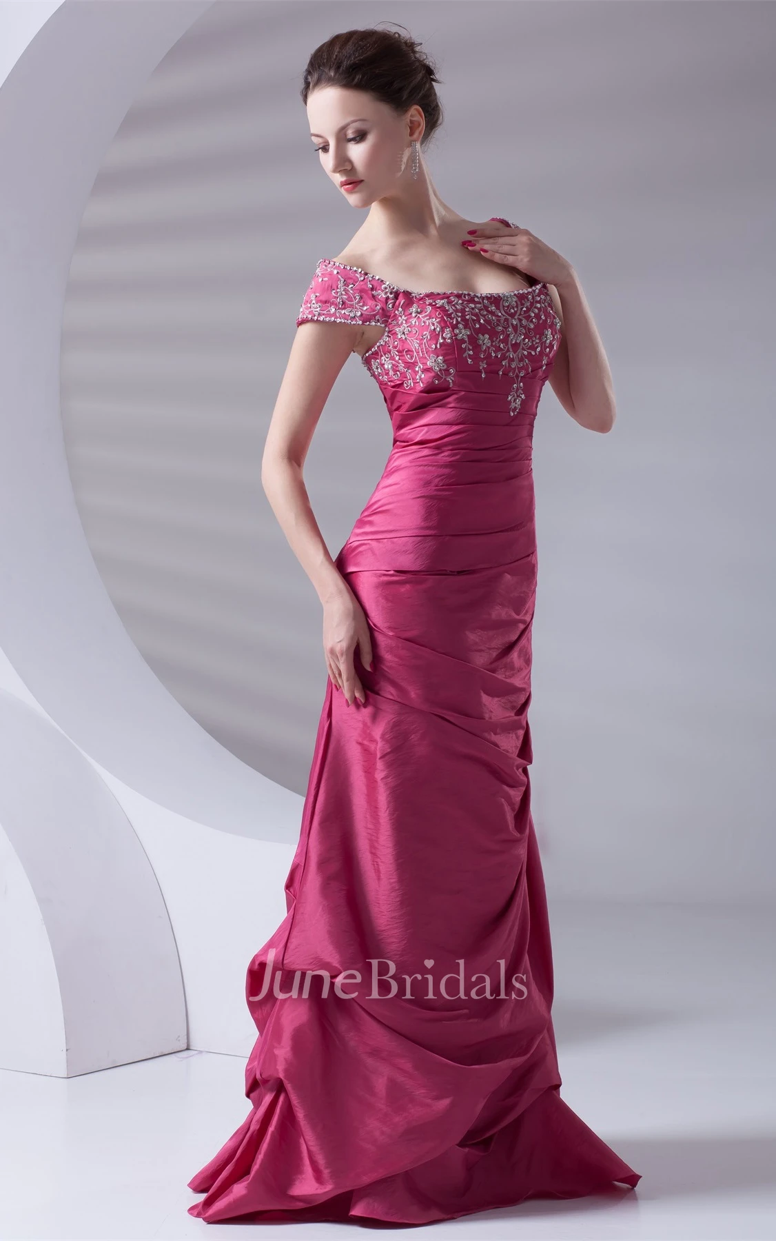 Caped-Sleeve Taffeta Pick-Up A-Line Gown with Embroideries
