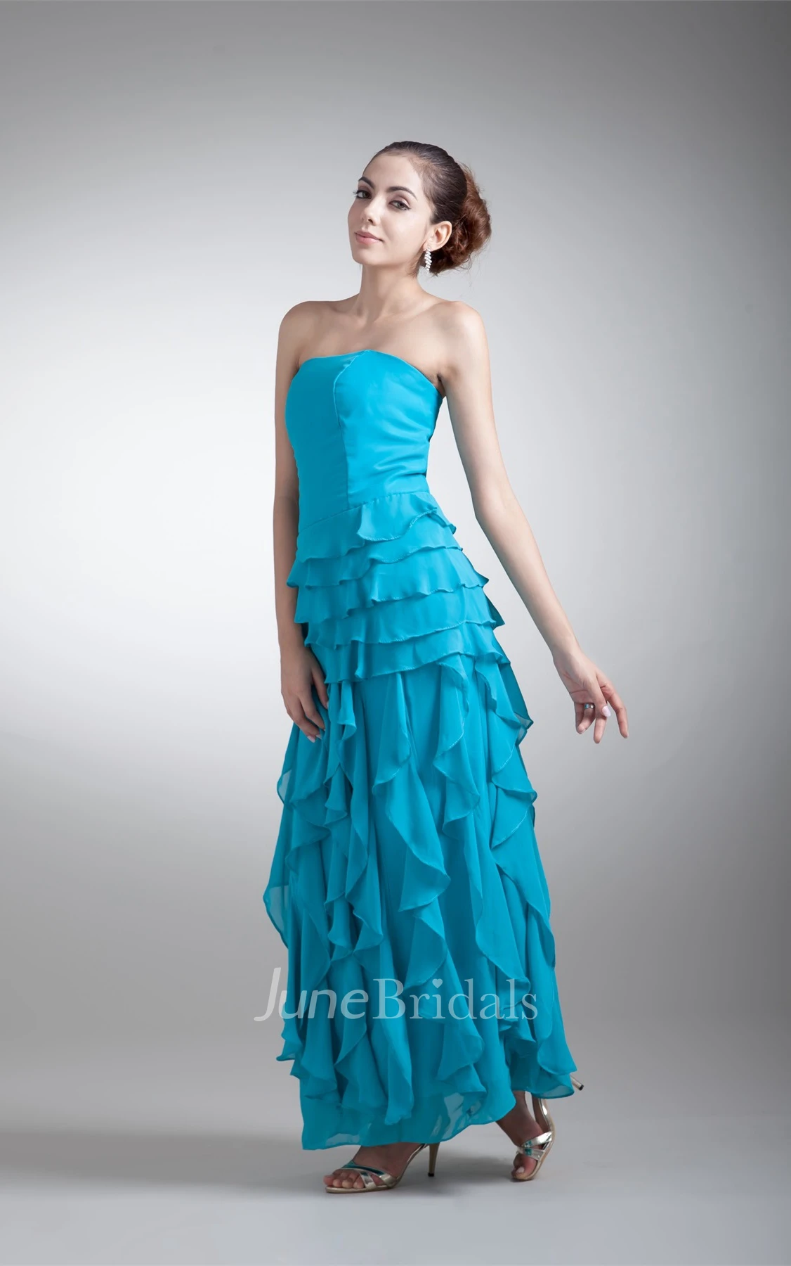 Strapless Chiffon Ankle-Length Dress with Cascading Ruffles
