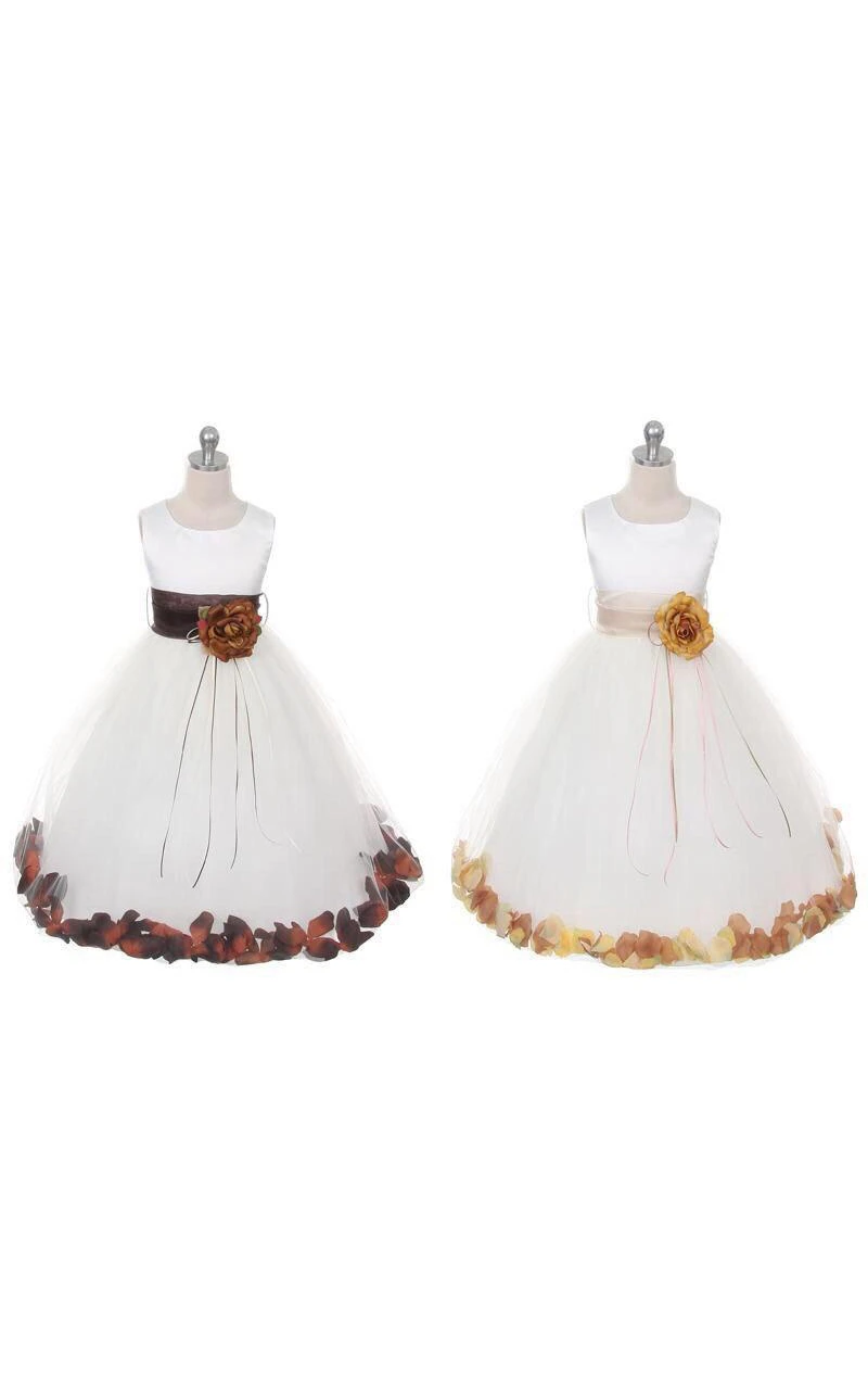 Satin Bust Pleated A-line Tulle Dress With Floating Petals and Organza Sash