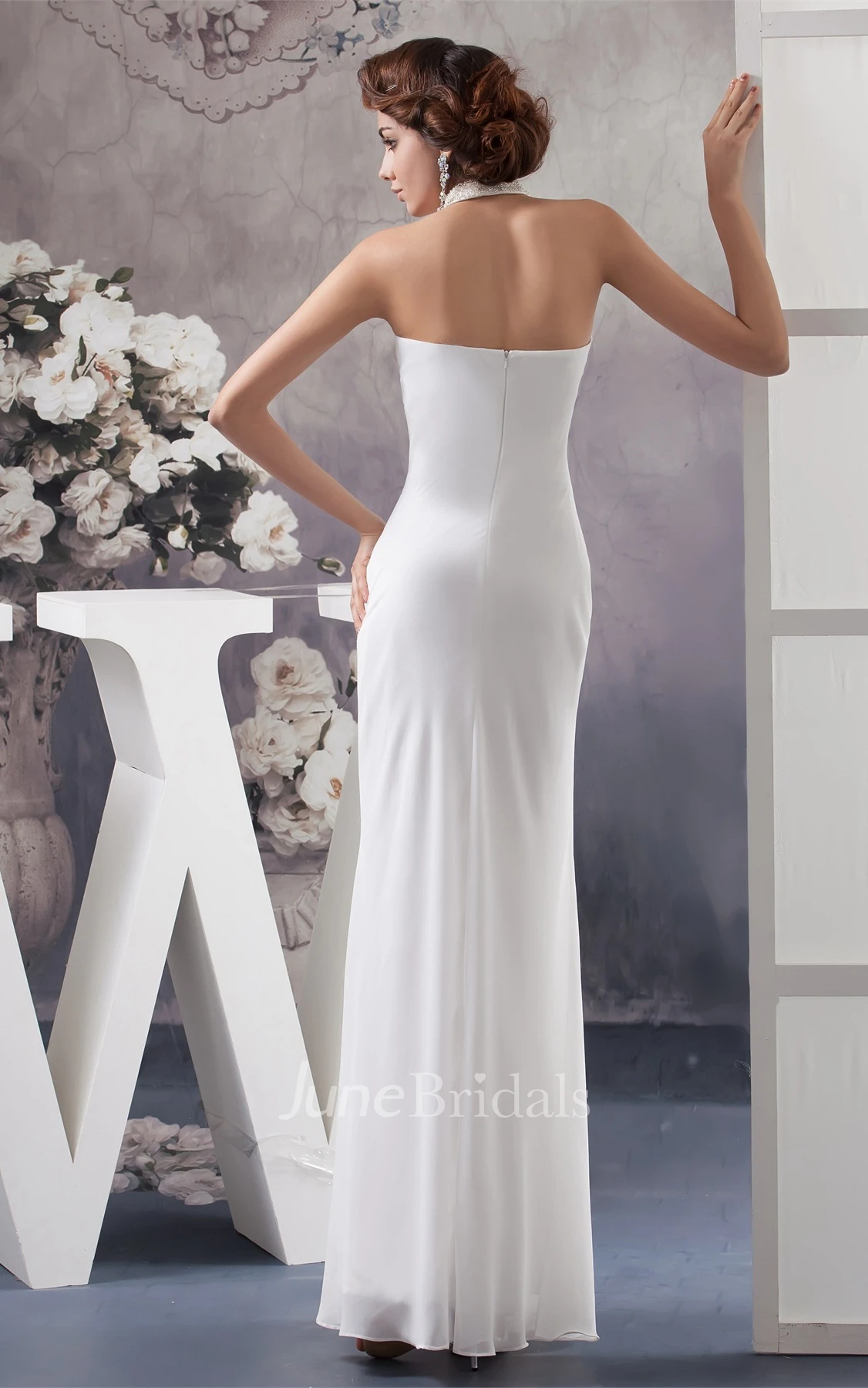 Notched Ankle-Length Chiffon Dress with Beading and Halter