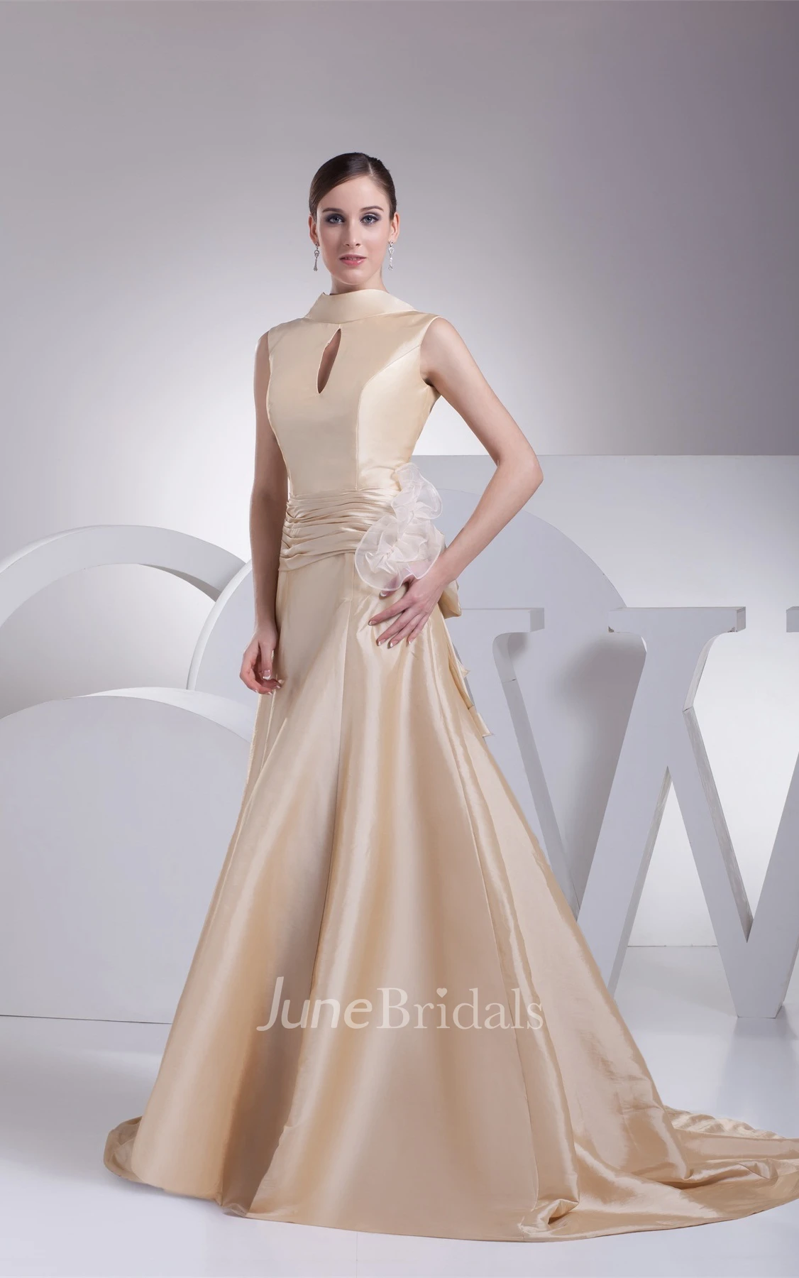 High-Neck Sleeveless A-Line Dress with Flower and Keyhole