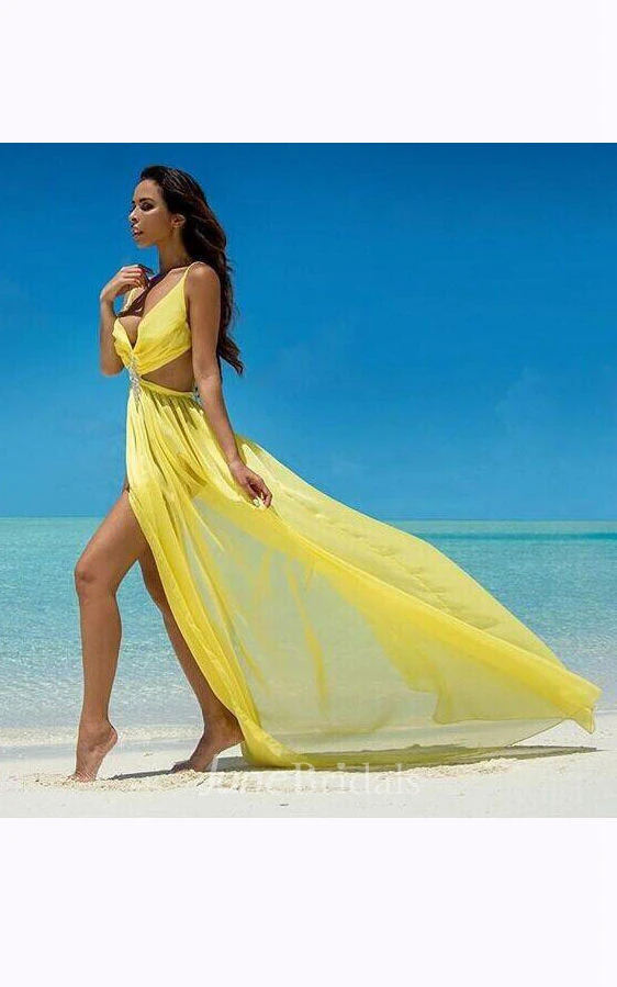 Floor-length V-neck Sleeveless Chiffon Dress with Split