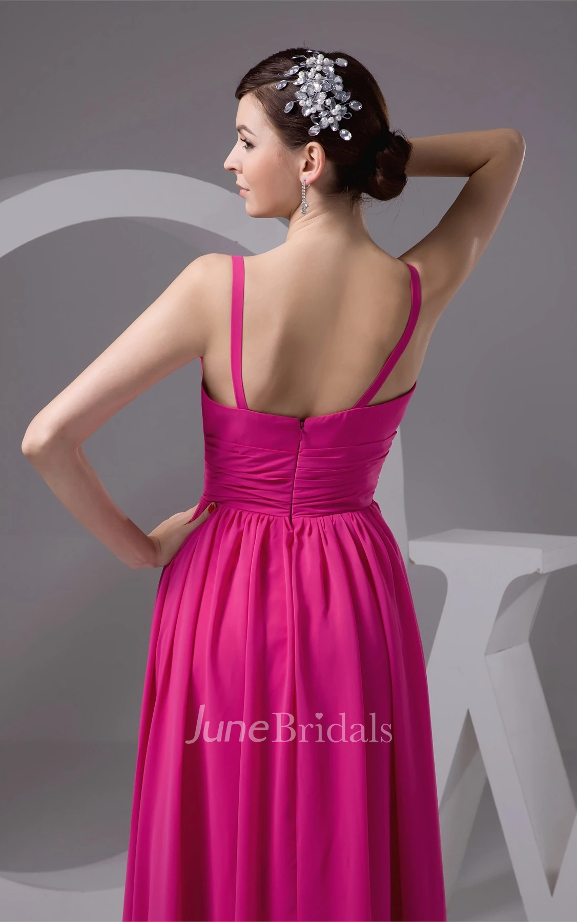 Strapped Plunged Chiffon Maxi Gown with Pleats