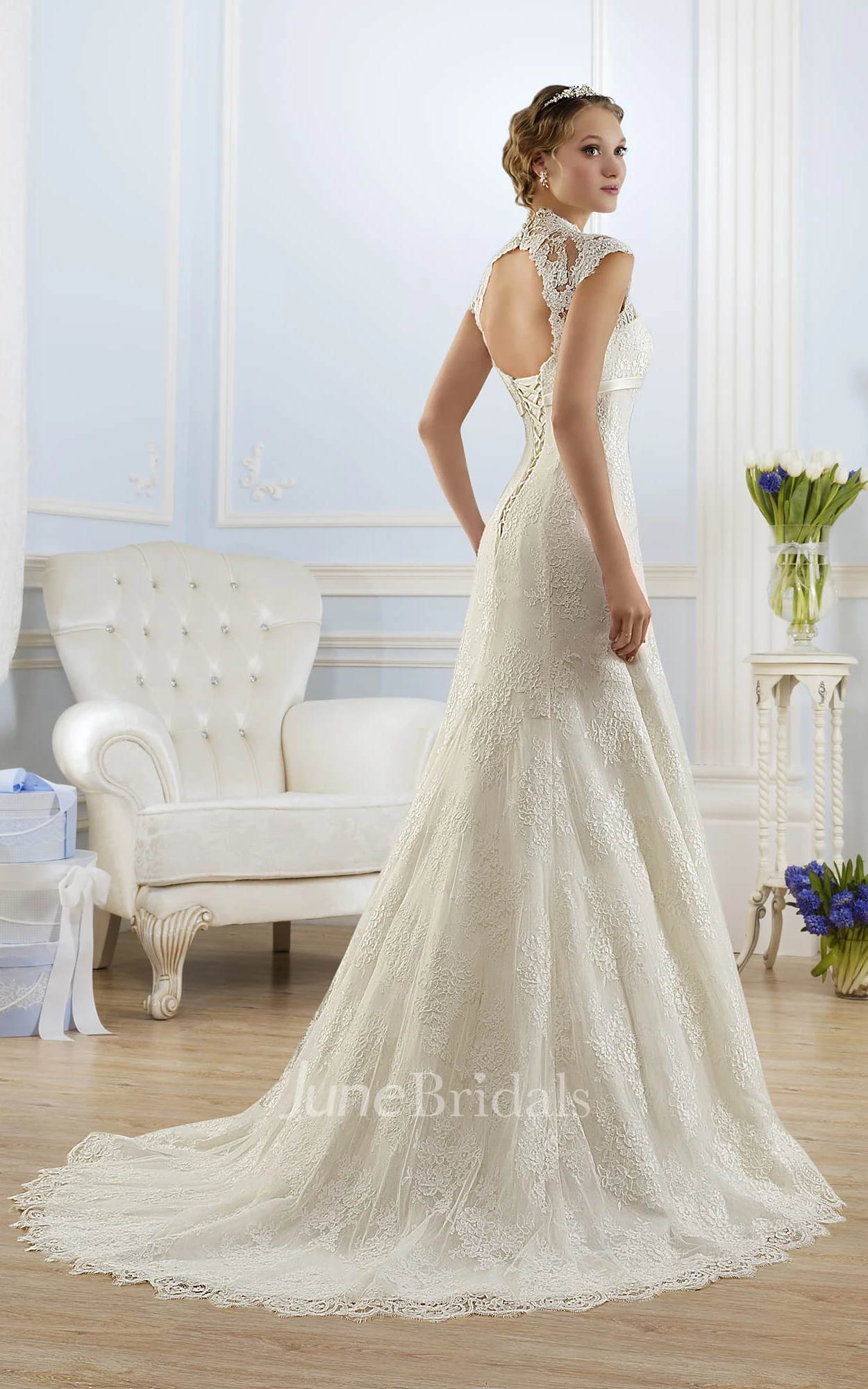 Lace wedding dress with cap sleeves and 2024 keyhole back