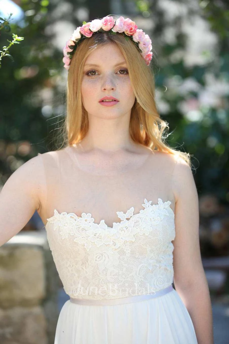 Illusion Strapless Chiffon Floor-Length Wedding Dress With Appliques