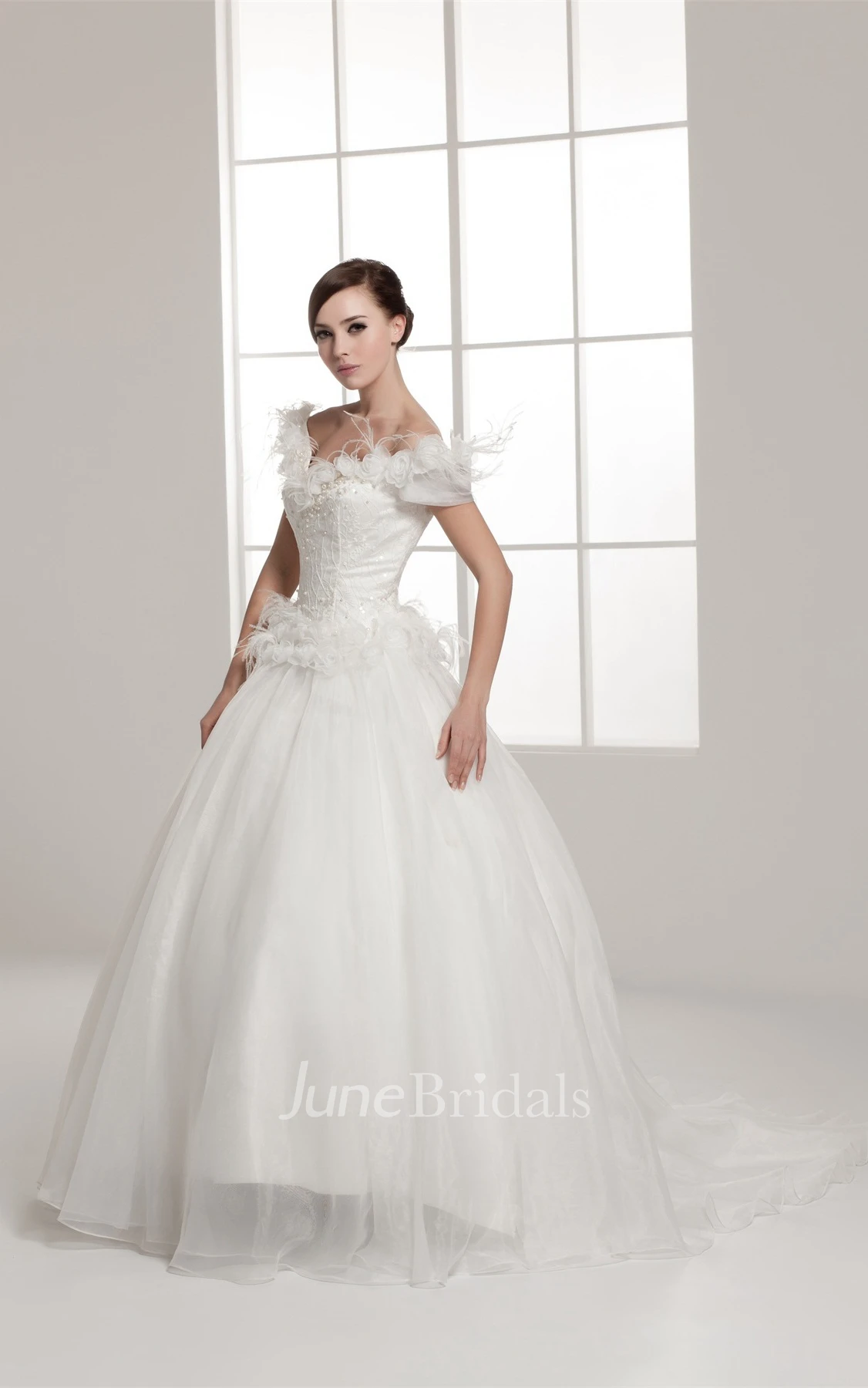 Off-The-Shoulder A-Line Ball Gown with Beading and Floral Waist