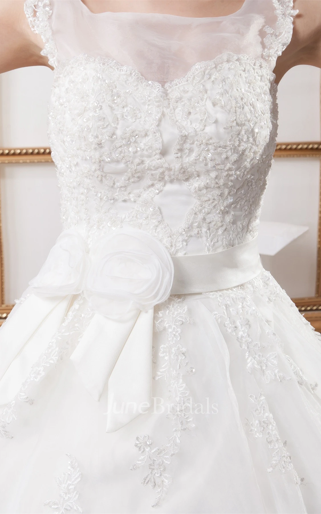 Sleeveless Tulle Ball Gown with Appliques and Illusion Neckline