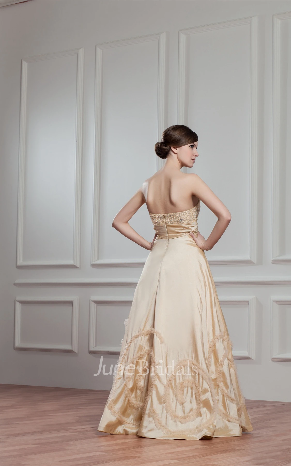 Sweetheart Pleated A-Line Gown with Ruffles and Beaded Top