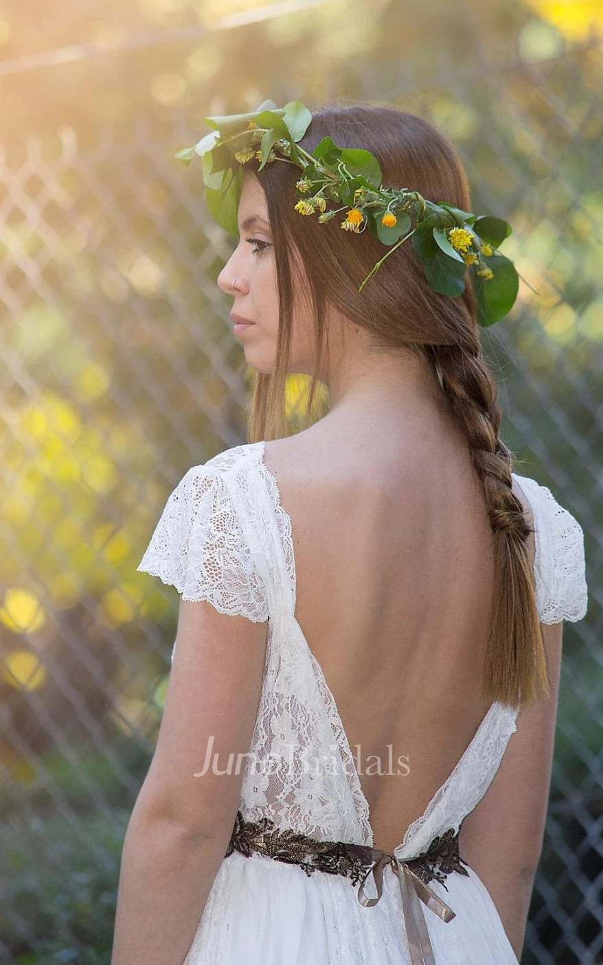 Jewel Deep-V Back Long Lace Wedding Dress With Sash And Flower