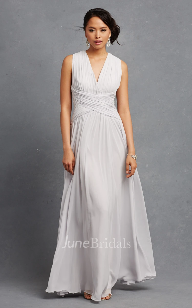Sleeveless Chiffon V-Neck Dress With Crisscross Ruching