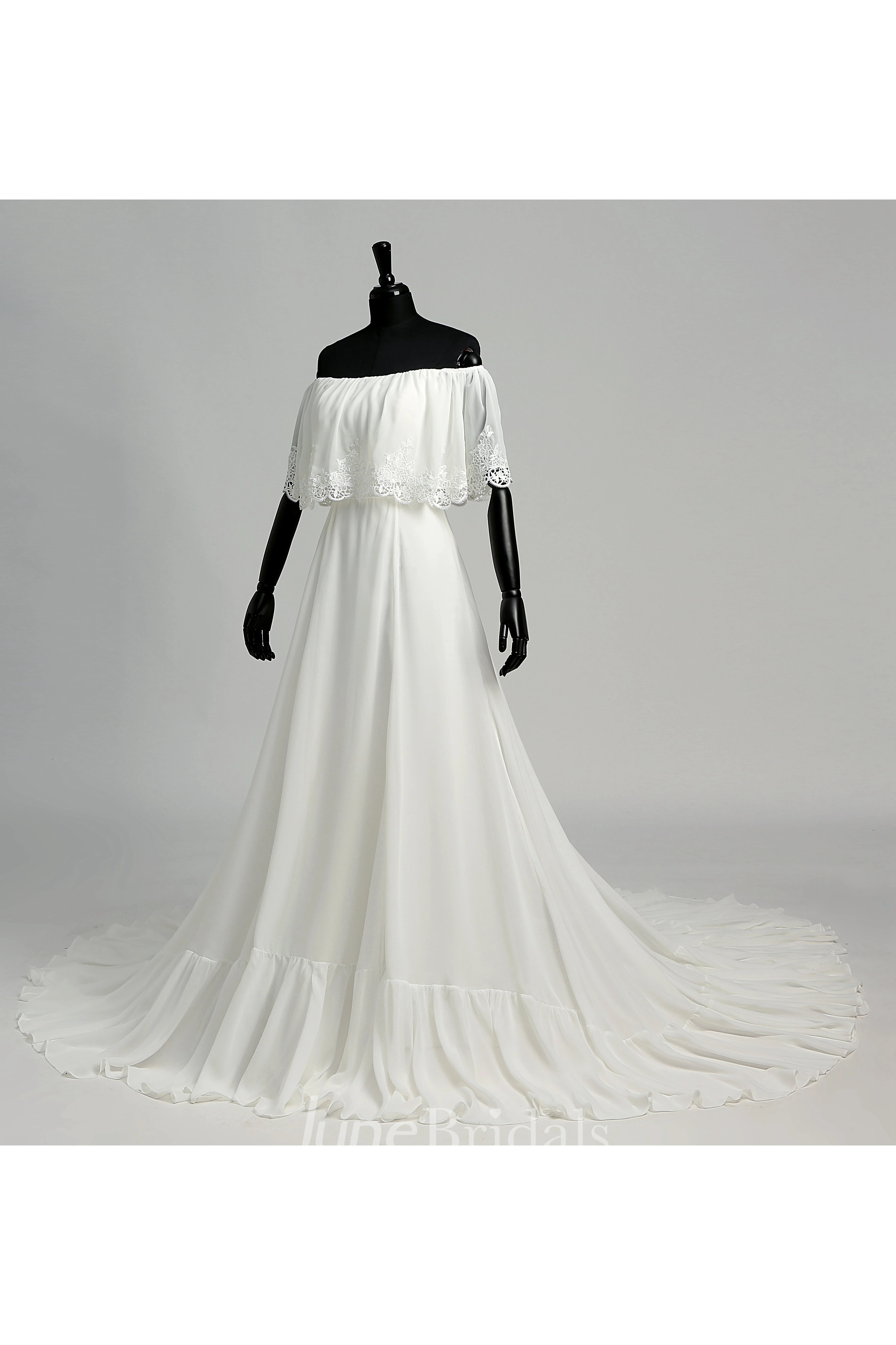 Chapel Train A-line Off-the-shoulder Sleeveless Zipper Chiffon Weeding Dress