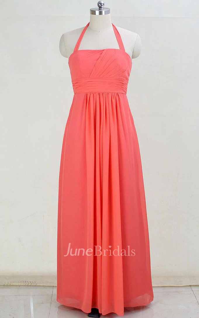 Coral Long Strapless Halter Chiffon Dress
