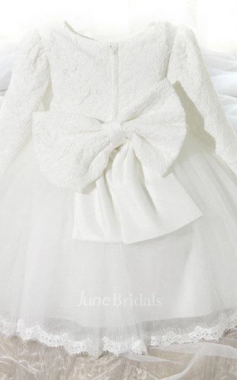 Long Sleeve Lace Dress With Pleats and Bow