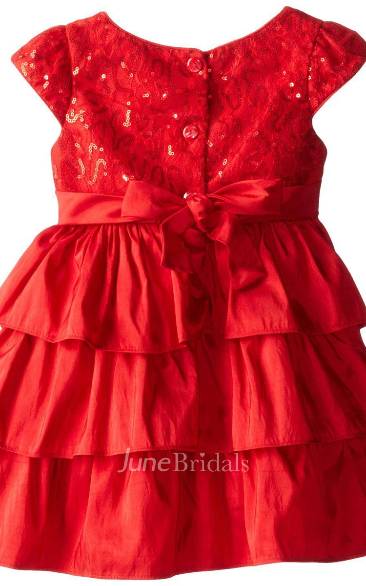 Cap-sleeved Scoop-neck Sequined Tiered Dress With Flower