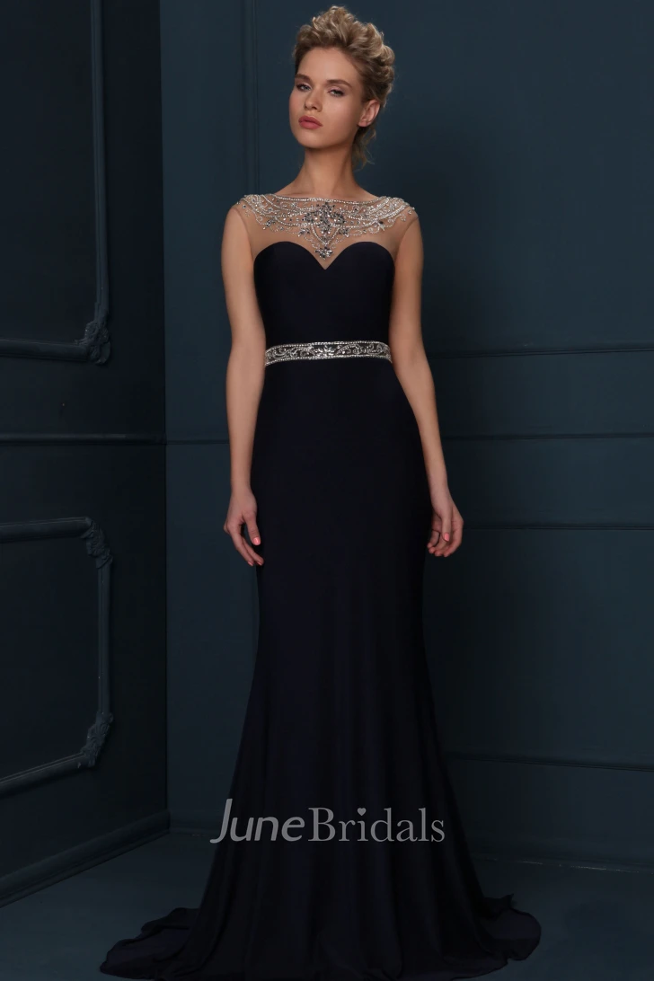 Cap Sleeve Jewel Neck Beaded Jersey Evening Dress