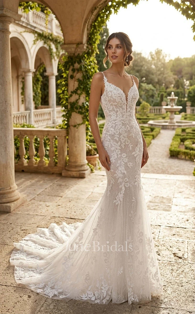 Boho Lace Spaghetti Wedding Dress Mermaid Sleeveless V-Neck Gown for Beach Weddings