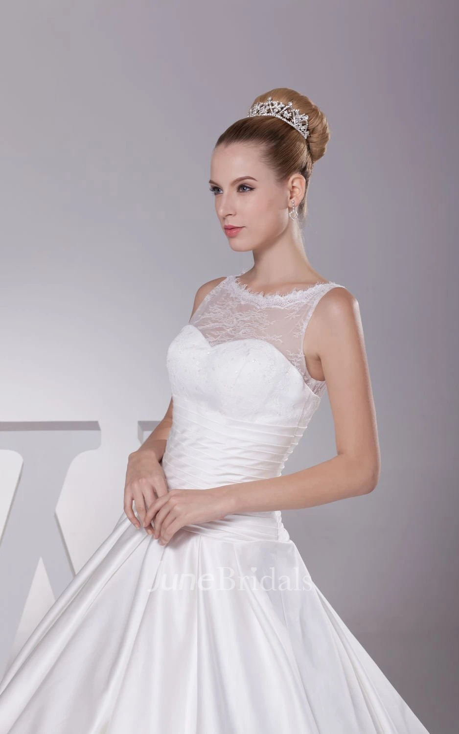 Bateau-Neck Sleeveless Satin A-Line Gown With Ruched Waist