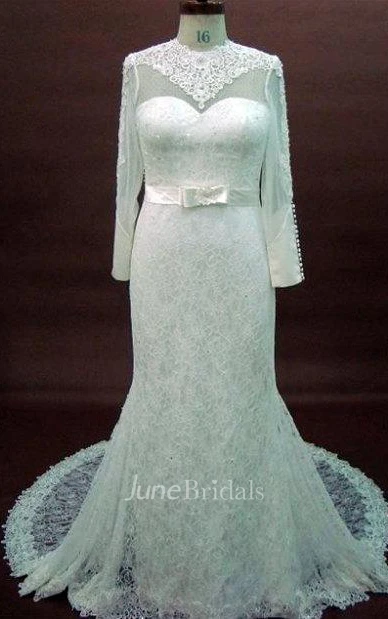 Long Sleeve Lace Satin Weddig Dress With Bow Appliques