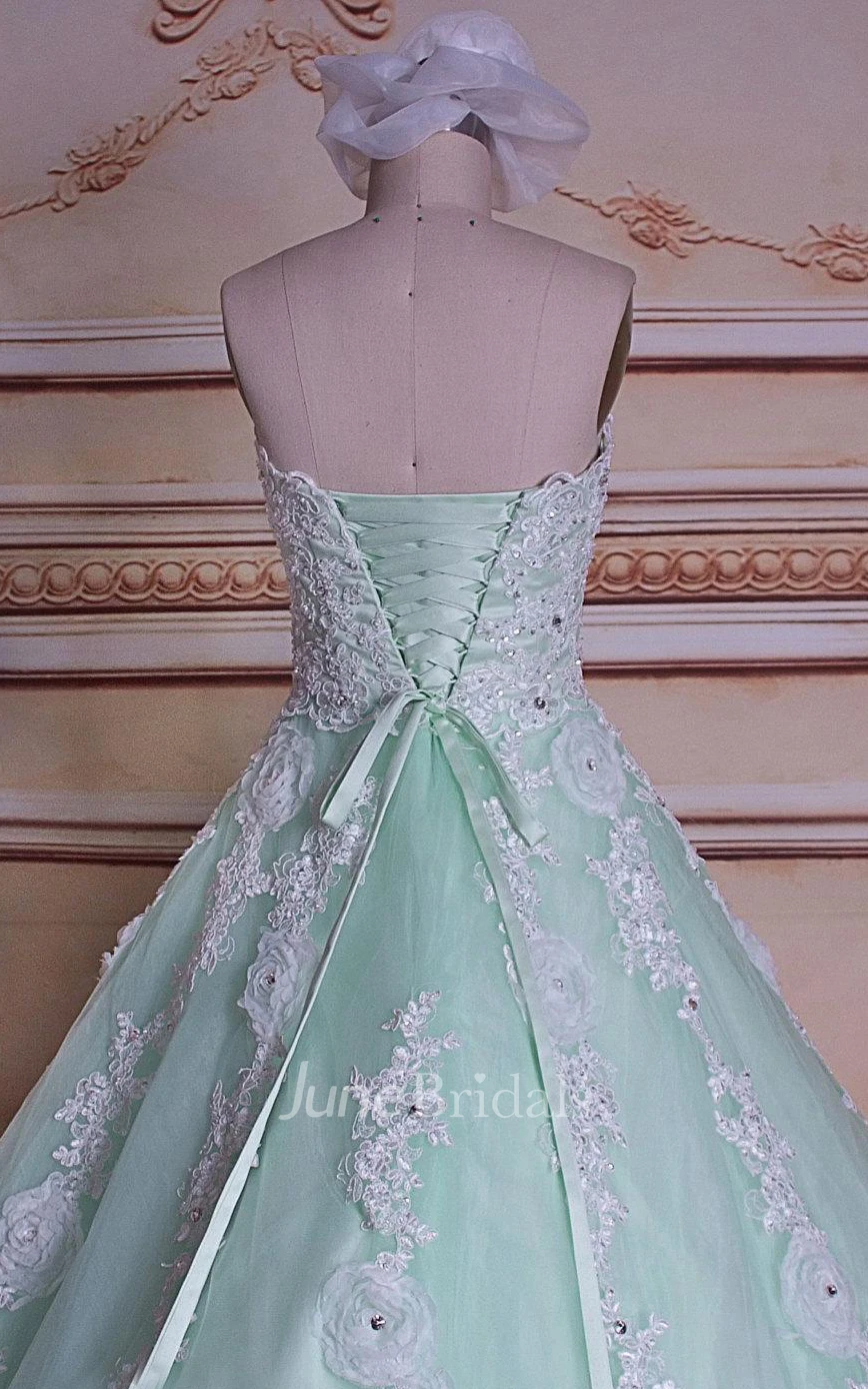 Ball Gown Strapless Sleeveless Appliqued Dress With Corset Back