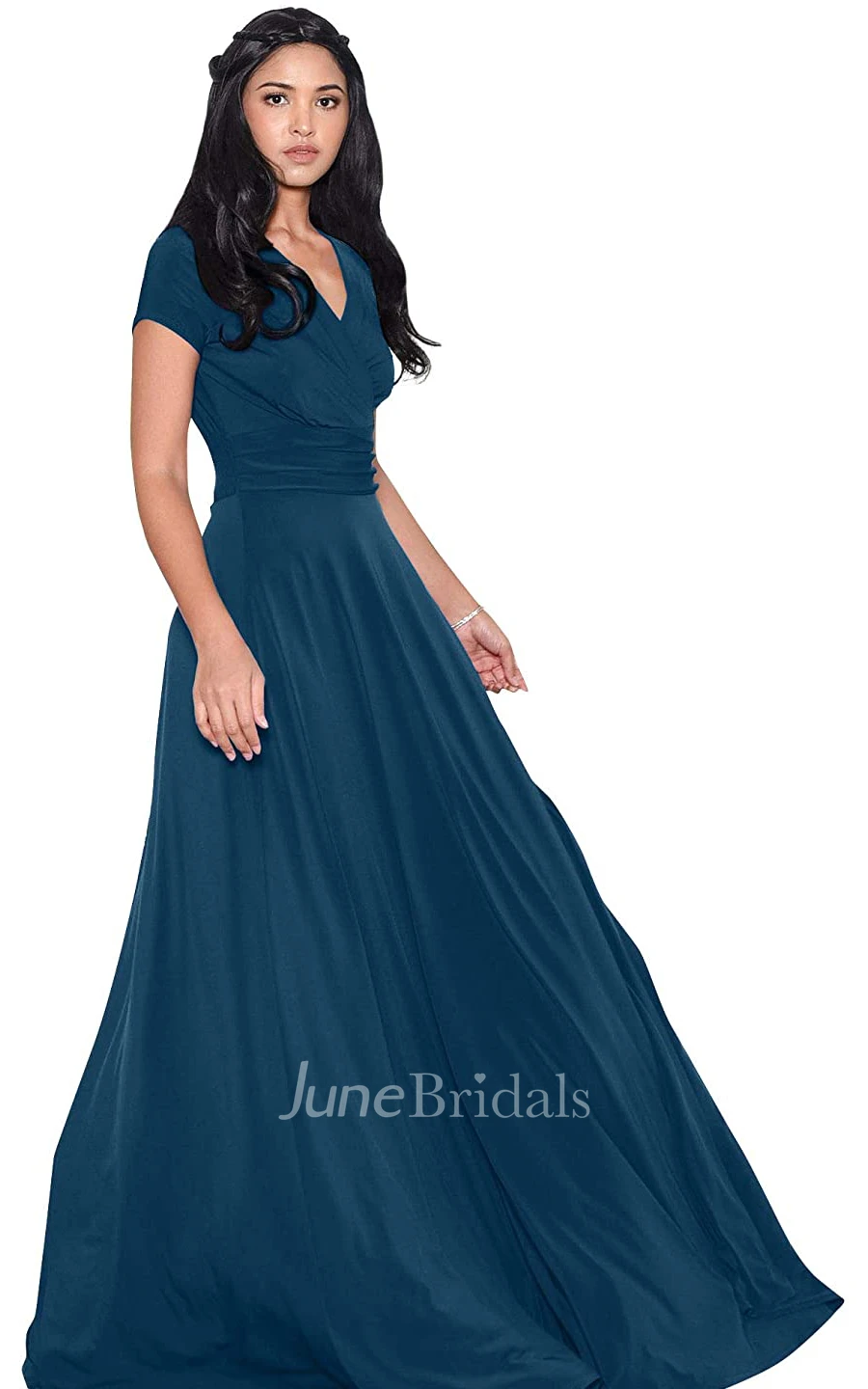 A Line V-neck Jersey Short Sleeve Prom Dress With Criss Cross and Pleats