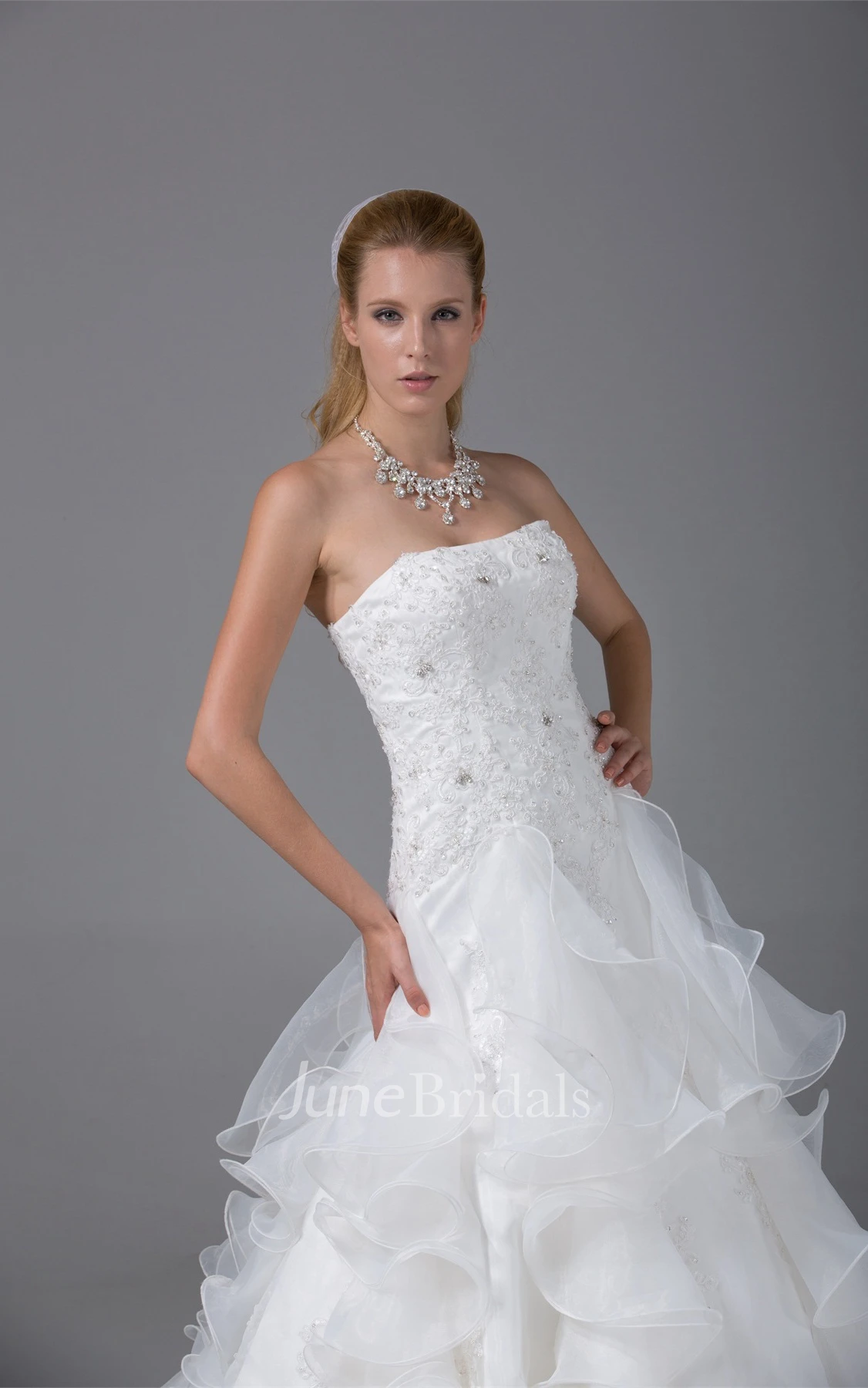Ruffled A-Line Gown with Appliques and Crystal Detailing