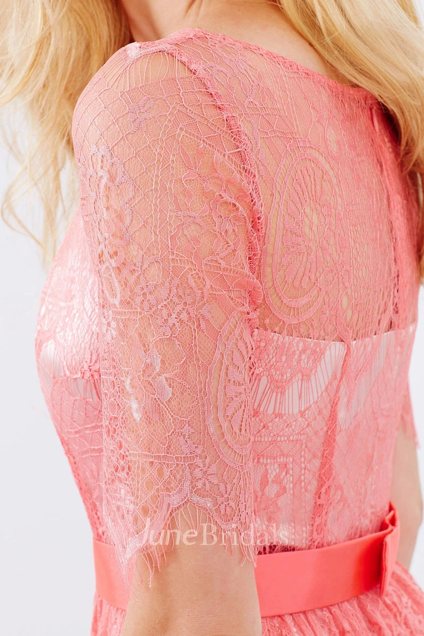 Short Half Sleeve Ribboned Scoop Neck Lace Bridesmaid Dress