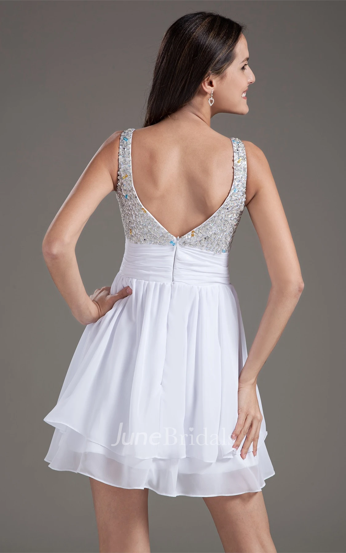 strapped a-line mini dress with jeweled top and pleats