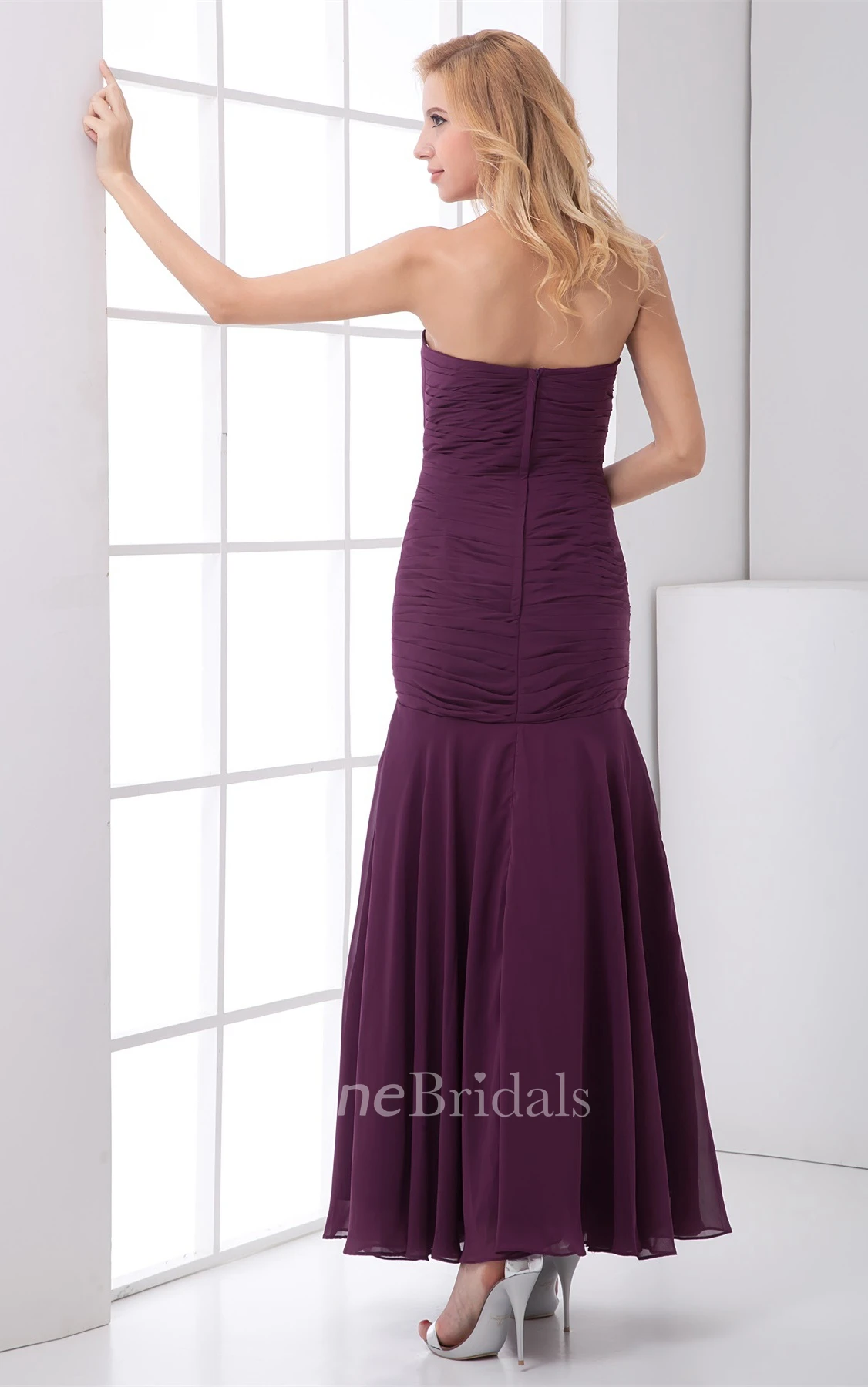 sweetheart pleated ankle-length chiffon dress with ruched bodice