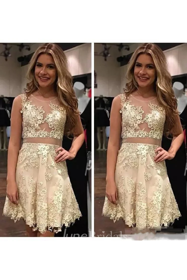 A-line Bateau Sleeveless Lace Short Mini Lace Homecoming Dress