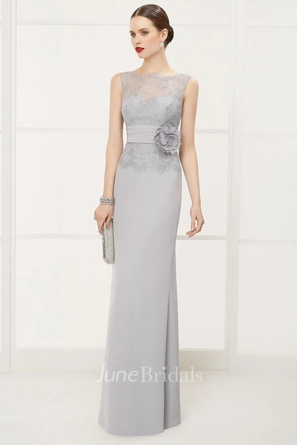 Sheath Long Dress with Lace Top and Waist Flower Illusion Bateau Sleeveless Elegant Women's Dress