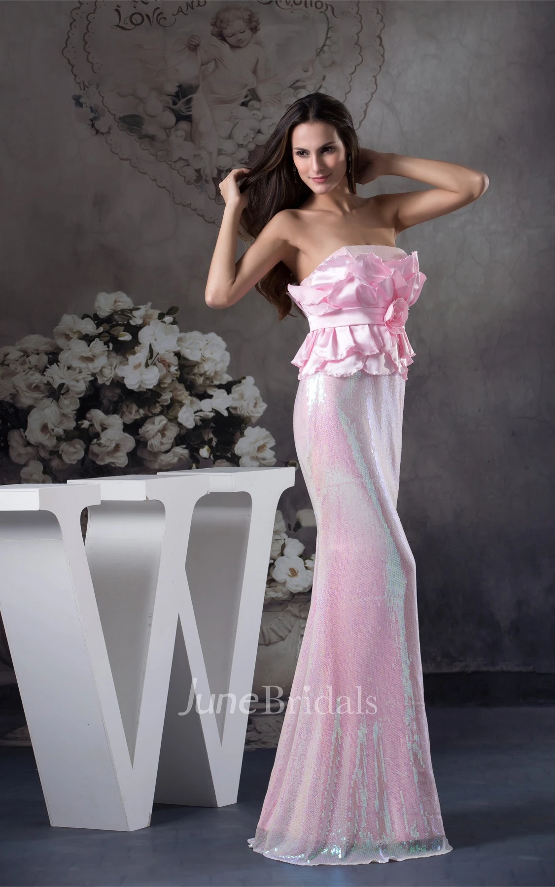 Strapless Sheath Floor-Length Dress with Flower and Ruffled Top