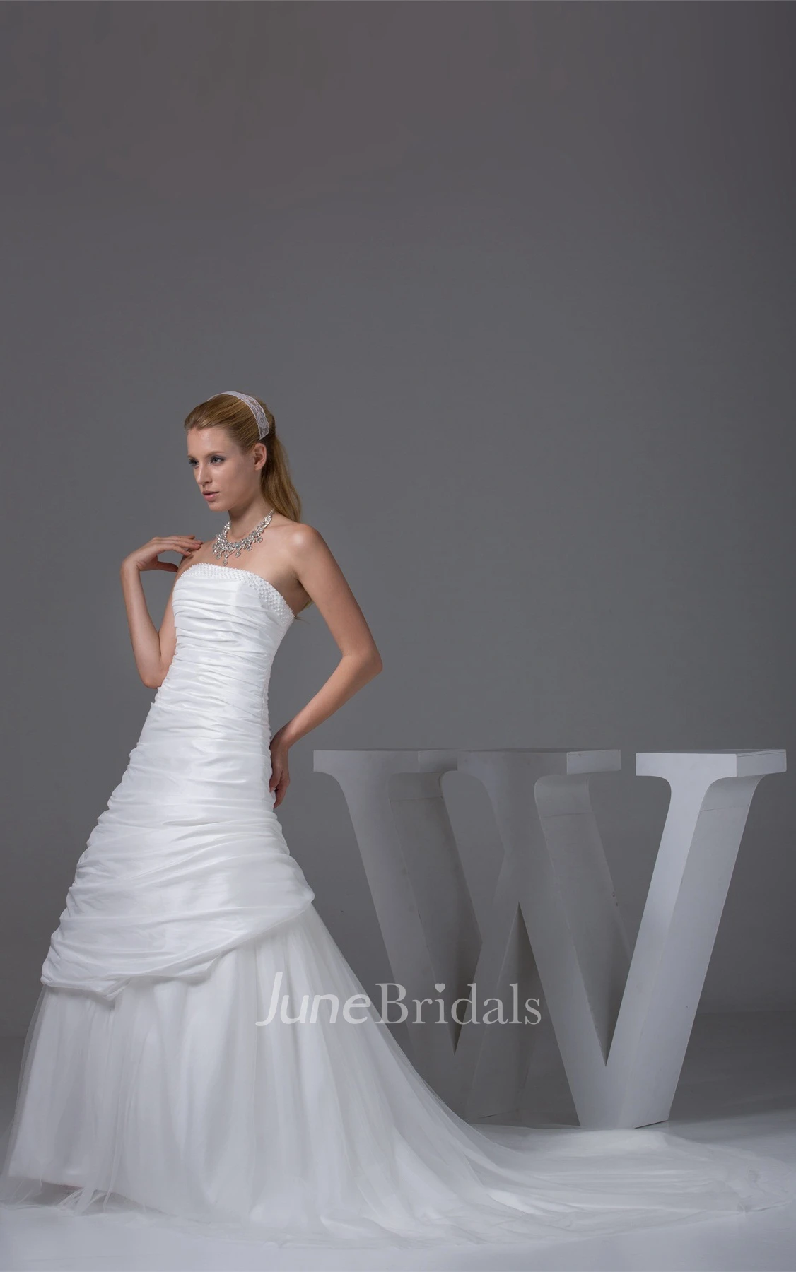 Ruched A-Line Strapless Side Draping Gown with Court Train and Zipper Back