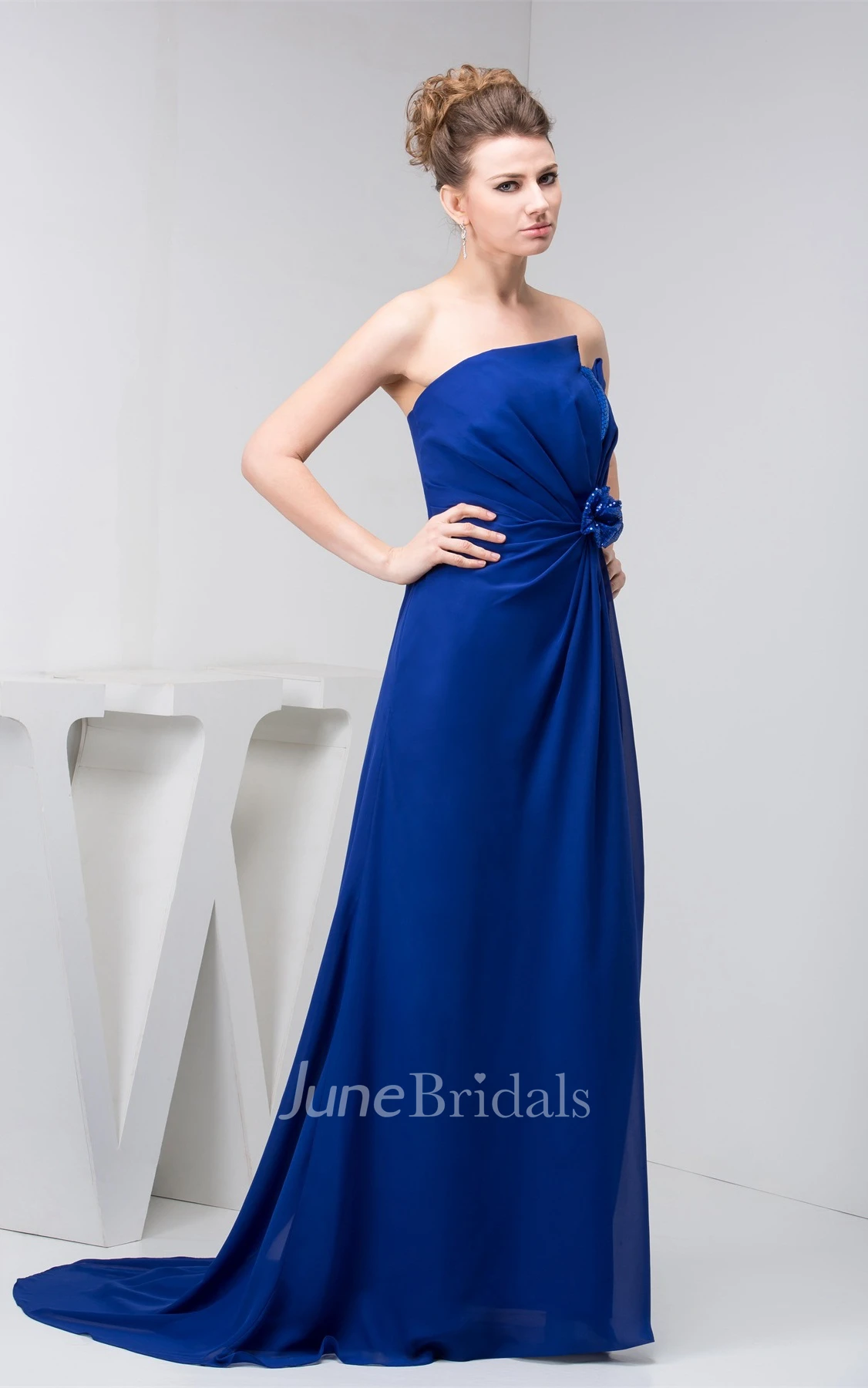Strapless Chiffon Floor-Length Dress with Flower and Central Ruching