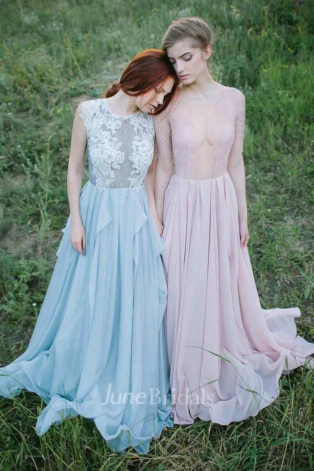 Jewel-Neck Sleeveless A-Line Chiffon Draped Dress With Lace Appliqued Top