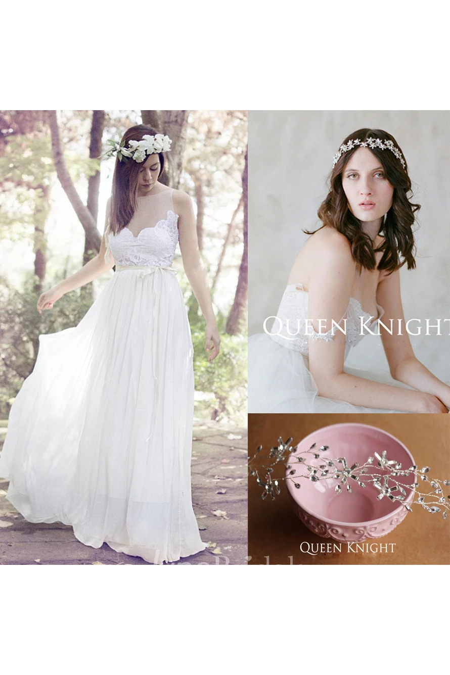 Spaghetti Sleeveless Illusion Chiffon Wedding Dress and Hand-woven Goddess Heavyweight Rhinestone Vine Flower Hair Band