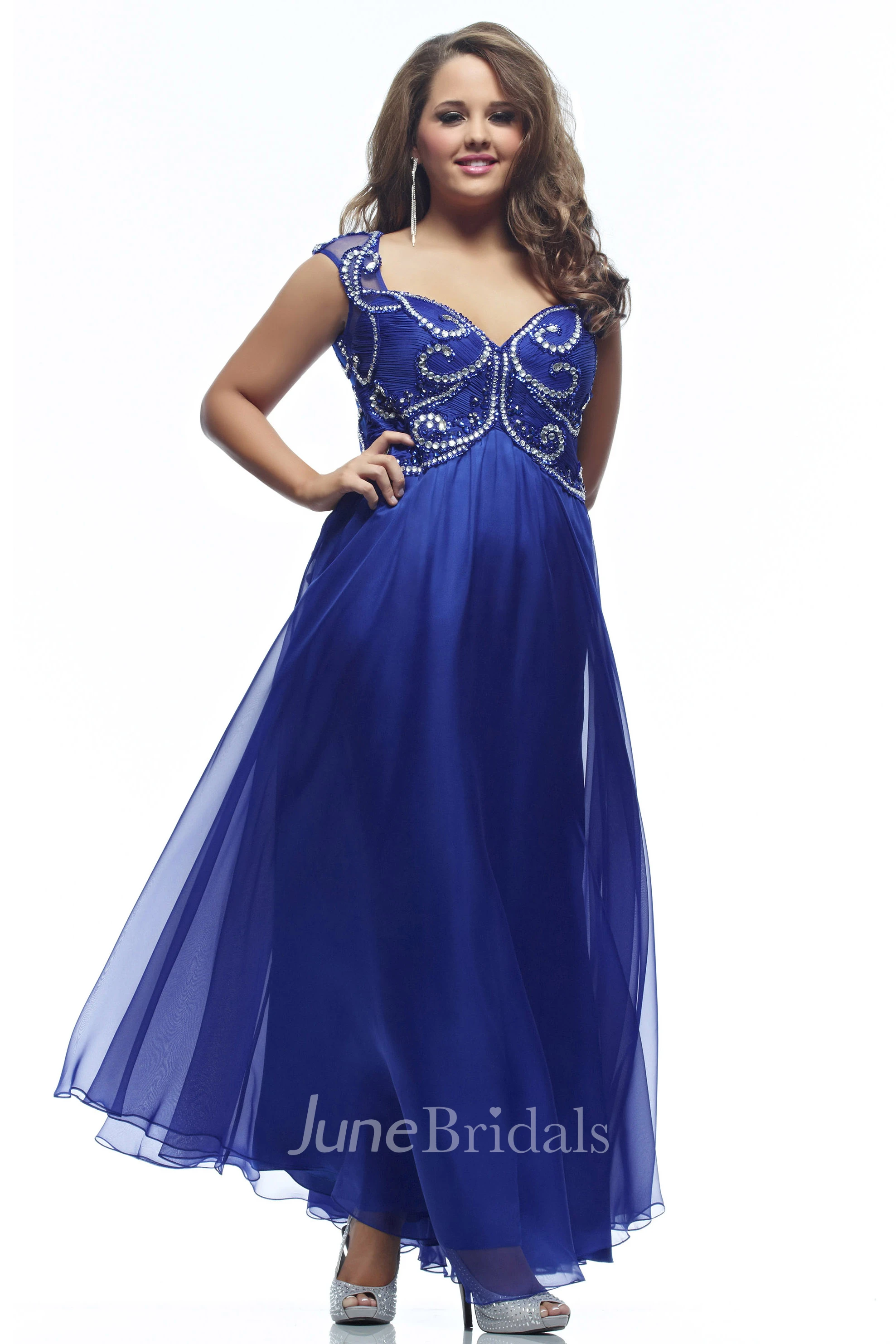 A-line Ankle-length V-neck Cap Jersey Beading Pleats Illusion Dress