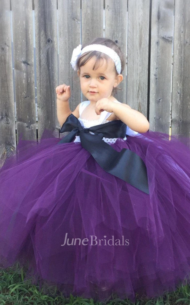 Sleeveless Pleated Tulle Ball Gown With Flower&Sash Ribbon