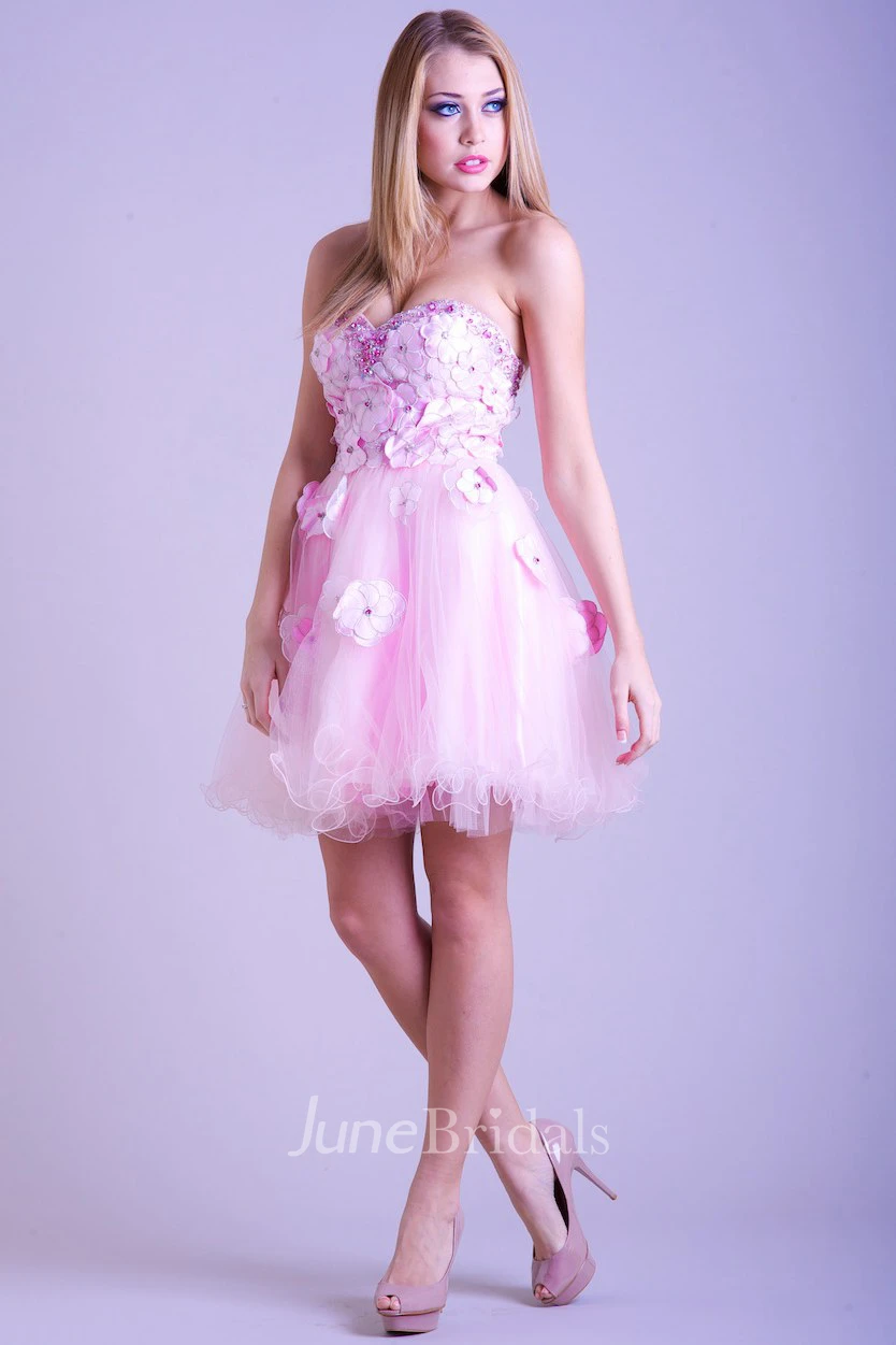 A Line Sleeveless Sweetheart Floral Short Mini Tulle Prom Dress With Beading And Ruffles