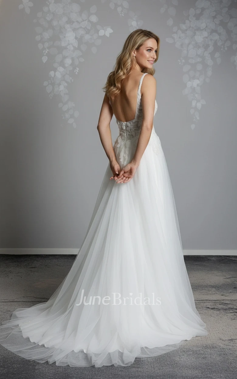 Modern Floral A-Line Square Neckline Boho Lace Spring Wedding Dress Sparkly Elegant 3D Appliques Beading Pearl Sequin Tulle Bridal Gown