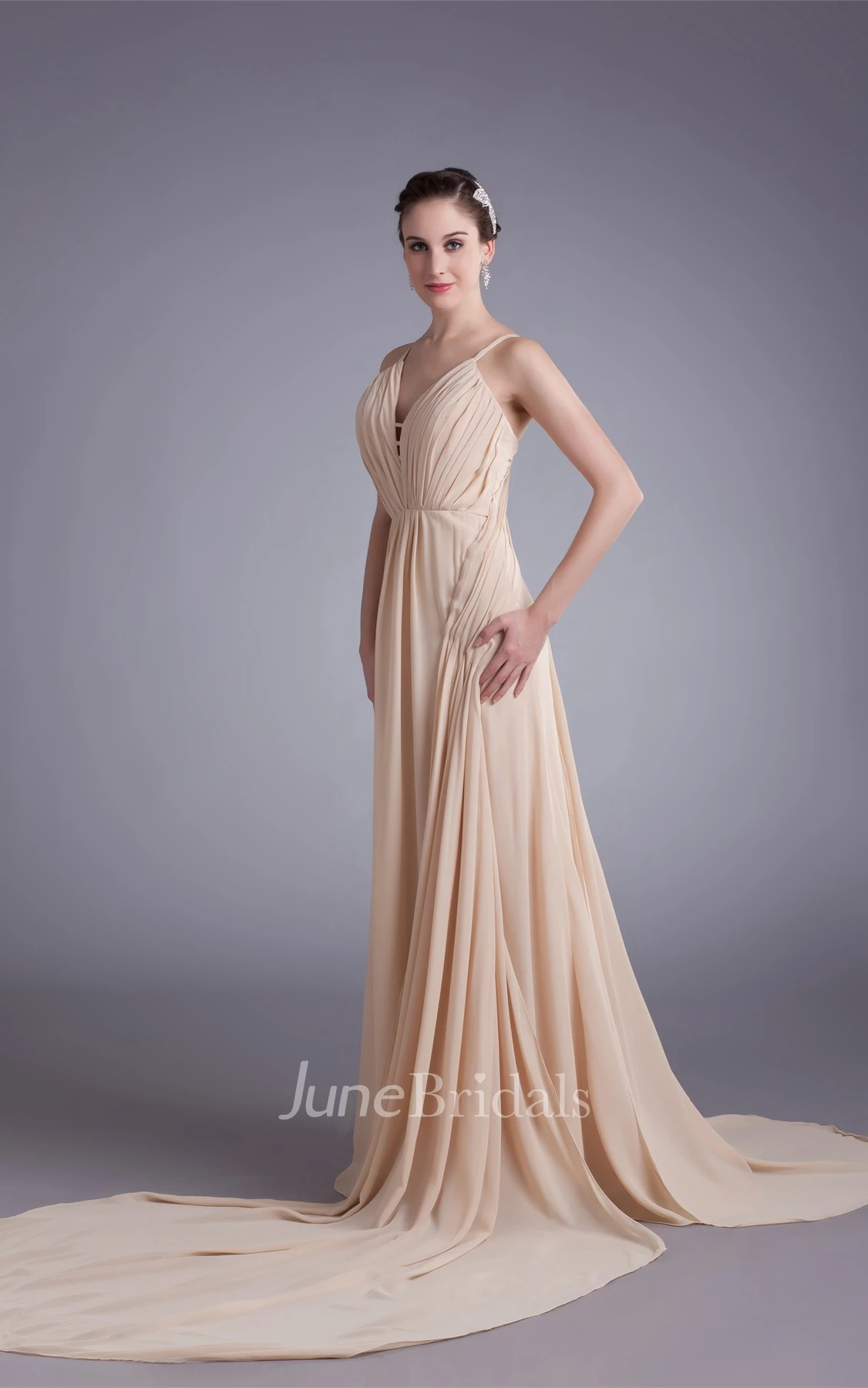 spaghetti-strap maxi chiffon dress with brush train and draping