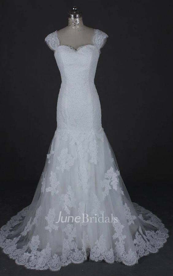 Mermaid Cap Sleeve Court Train Tulle Lace Satin Dress