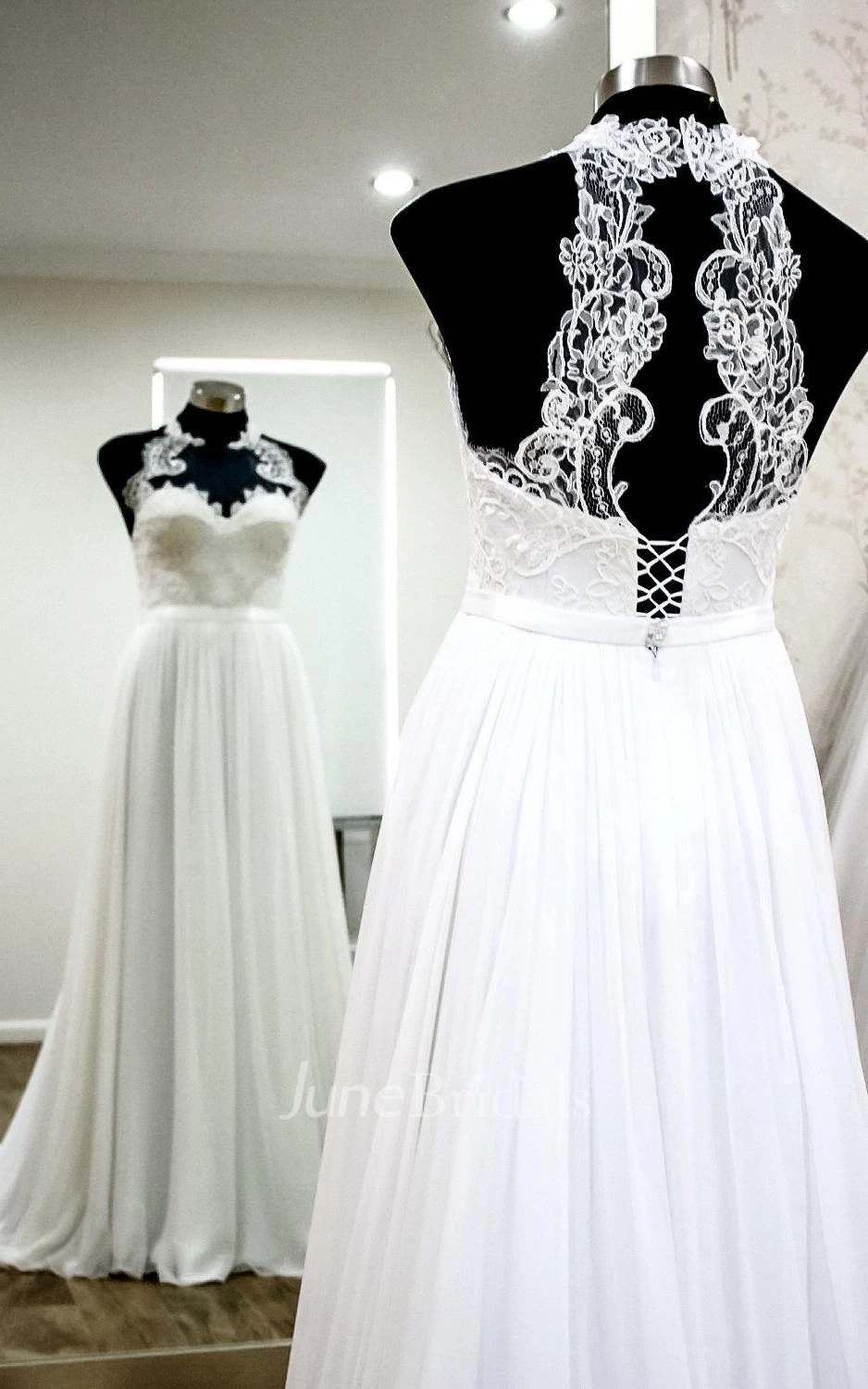 Unique Halter Long A-Line Chiffon Wedding Dress With Lace Appliques