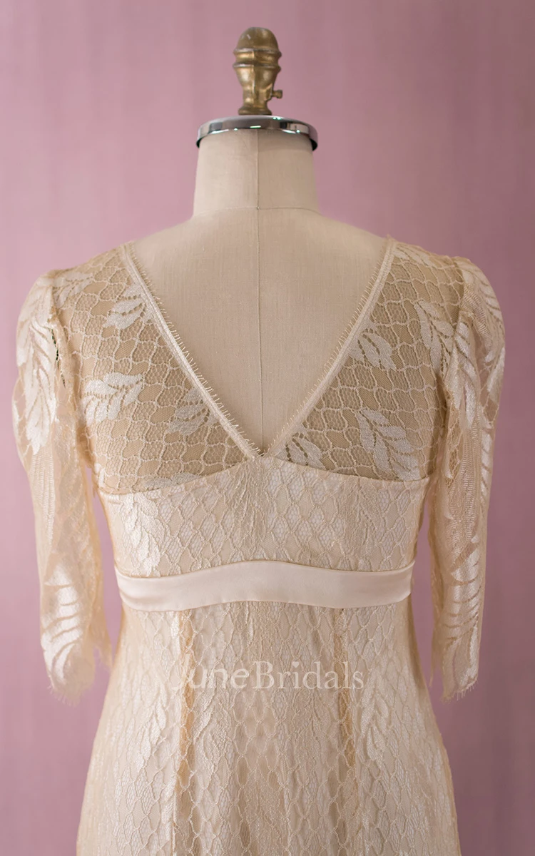 Simple-Designed Half-sleeved V-neck V-back Lace Dress