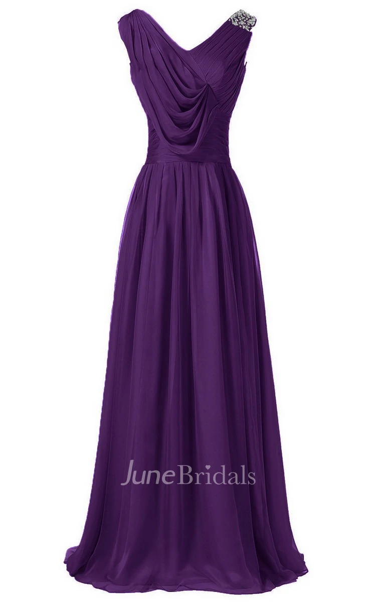 Sleeveless V-neck Long Dress With Draped Bodice