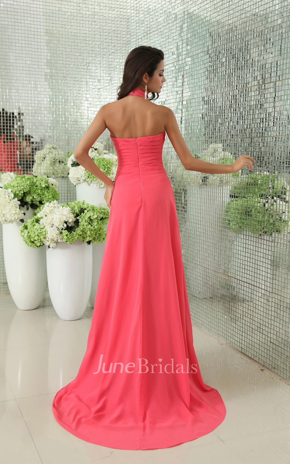 Gossamery Chiffon Modest Floral-High-Neck Gown With Pleats