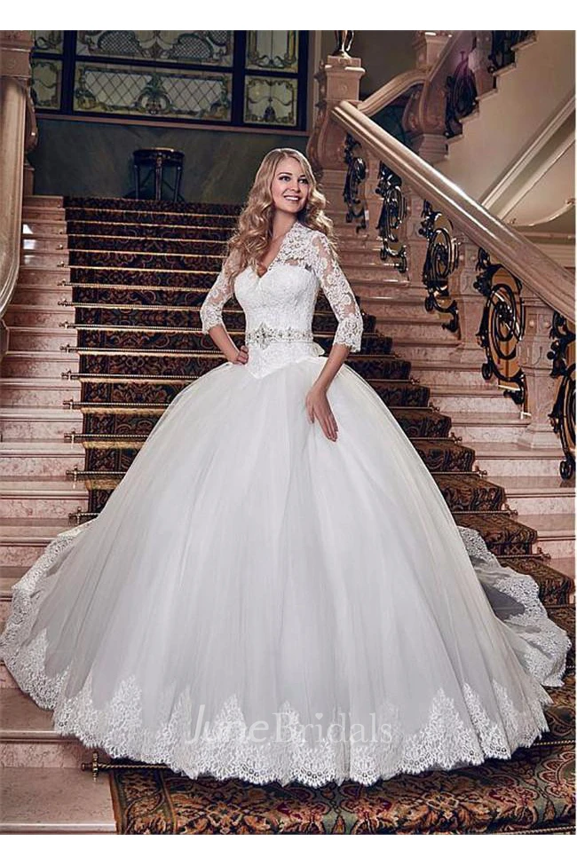 Elegant Tulle Lace Appliques Wedding Dress Ball Gown 3 4-Length Sleeve