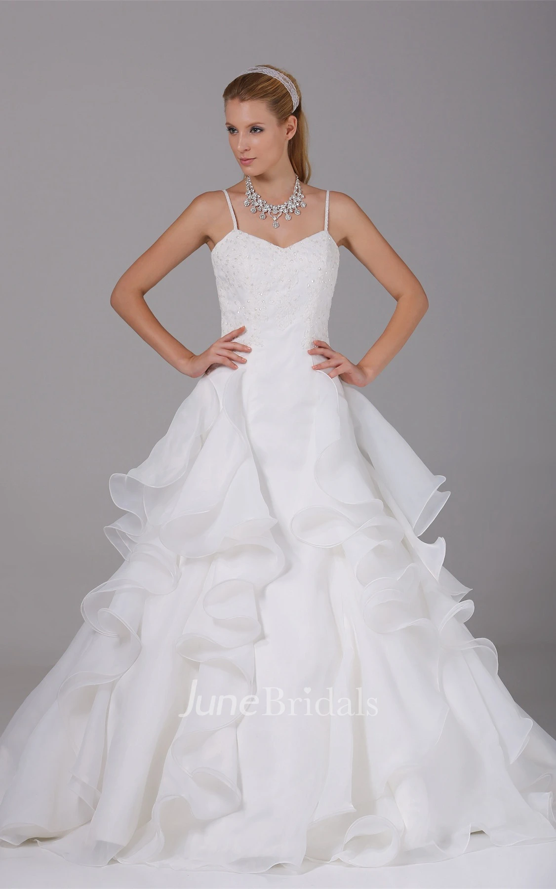 Appliqued Ruffled A-Line Gown with Spaghetti-Straps and Corset Back