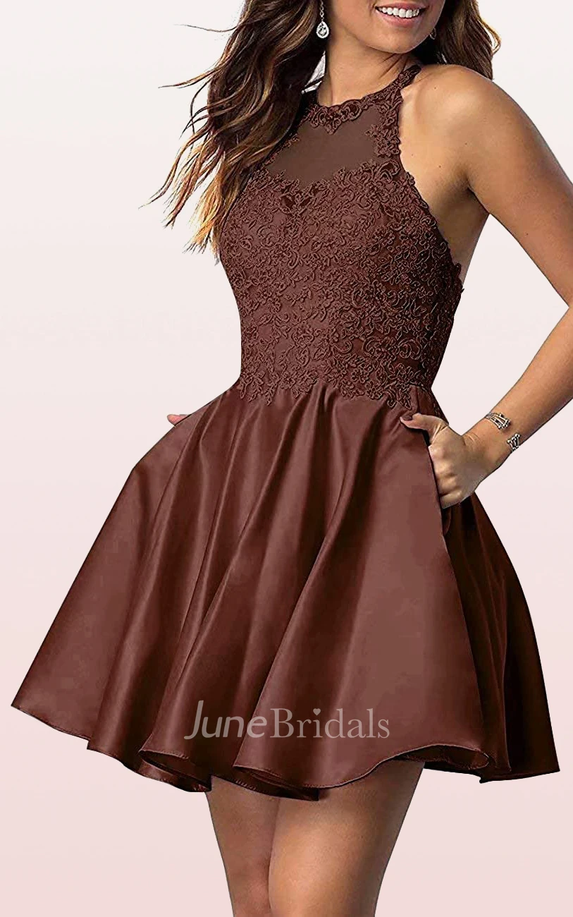 Sexy A Line Satin Lace Jewel Sleeveless Homecoming Dress with Appliques