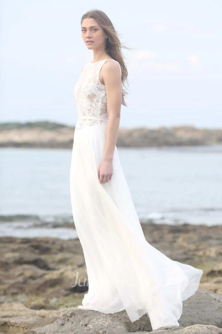 Bateau Sleeveless Lace Appliqued Chiffon Floor-Length Wedding Dress