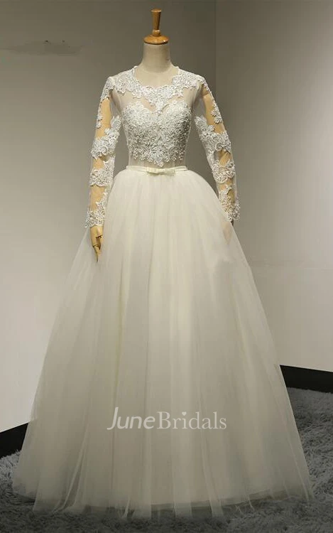 Jewel Neck Long Sleeve A-line Tulle Wedding Dress With Plts
